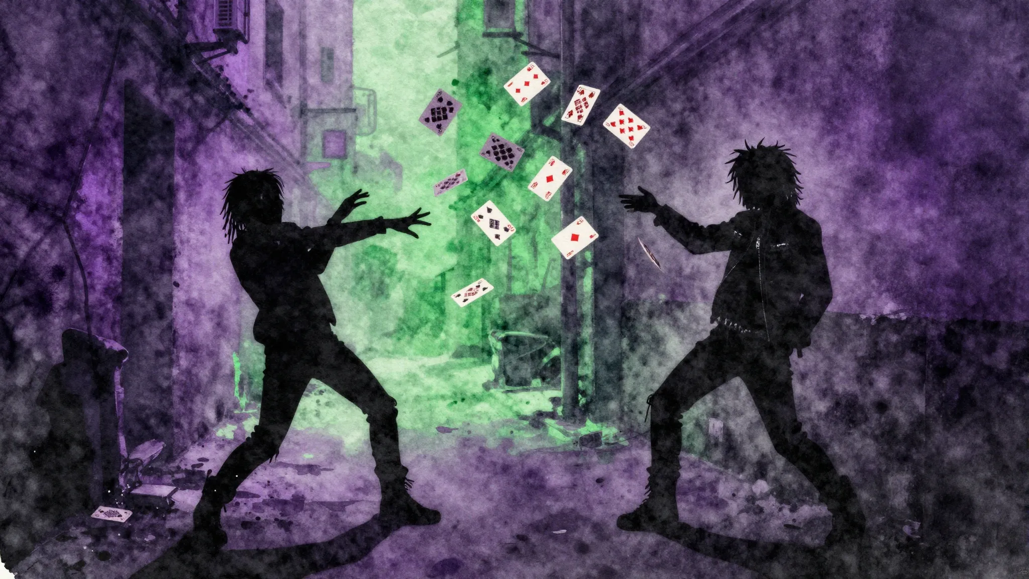 Watercolor style. Silhouettes of two chaotic figures in a da...