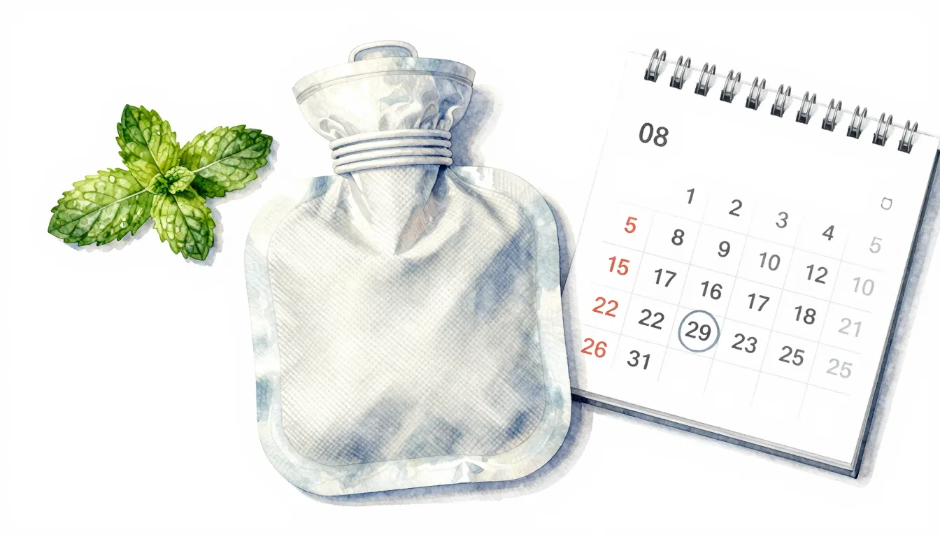 Watercolor style. A flat lay of a stylish ice pack, a mint l...