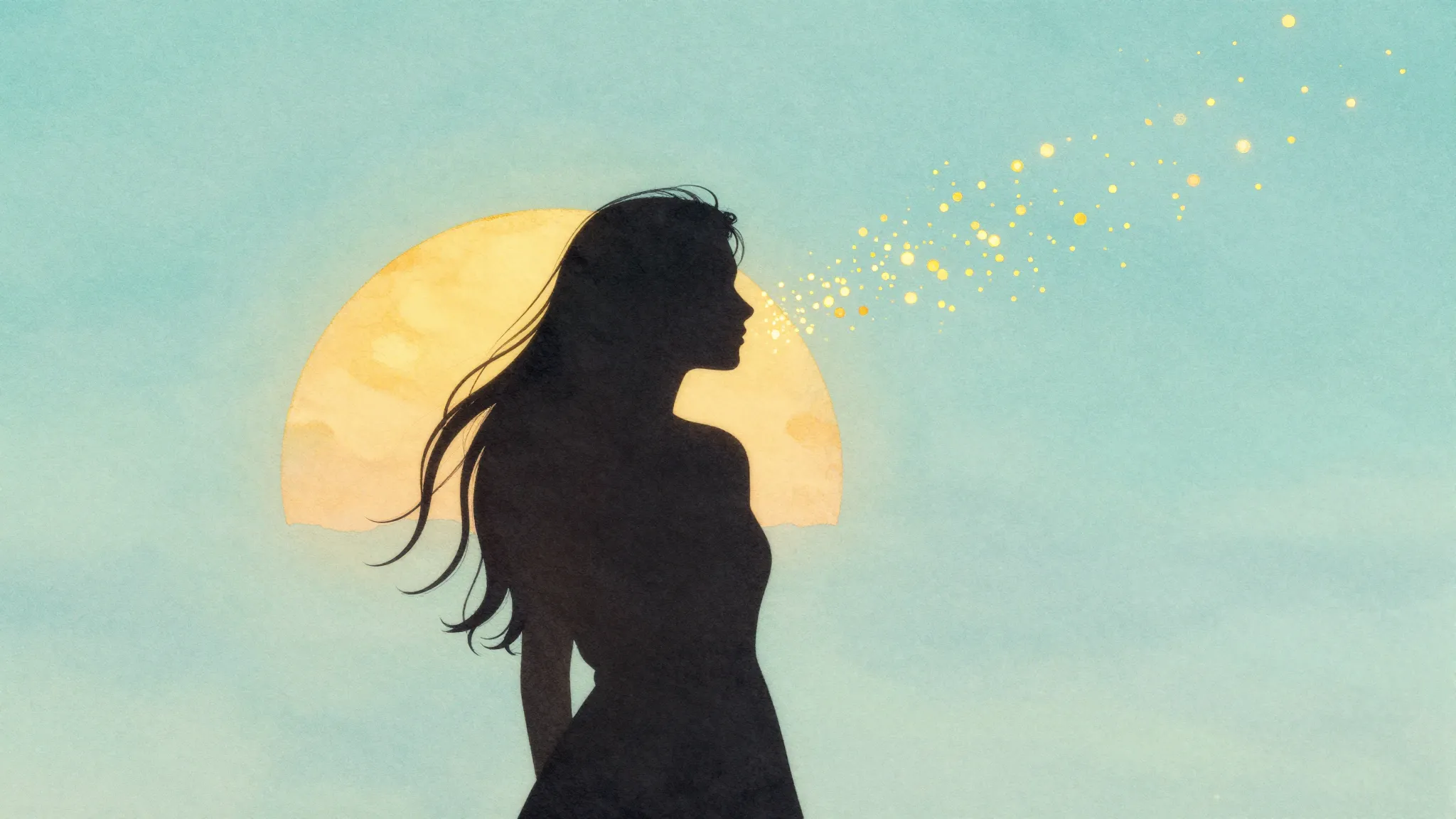 Watercolor style. A silhouette of a woman with long hair sta...
