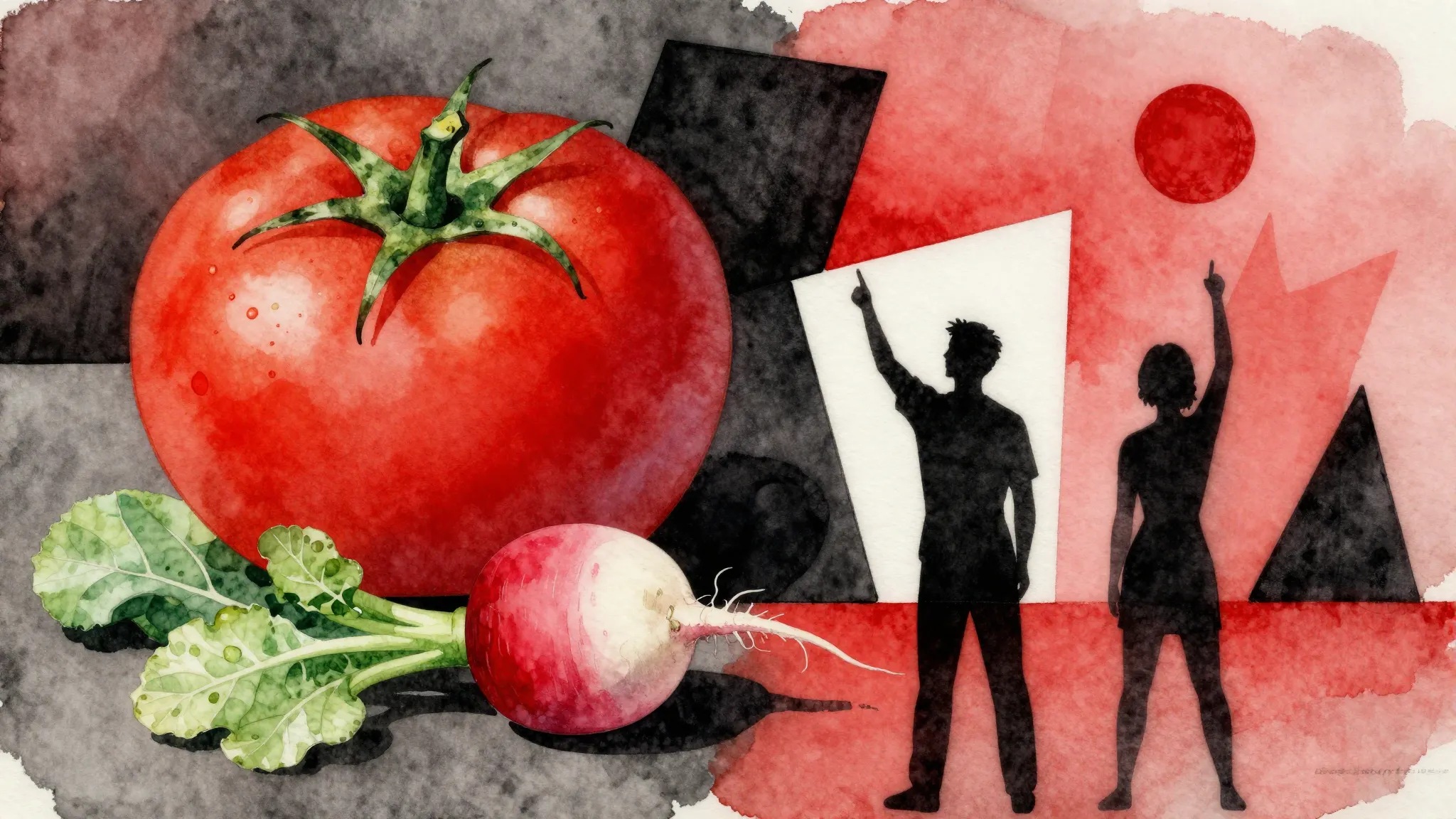 Watercolor style. A dynamic composition with a giant red tom...