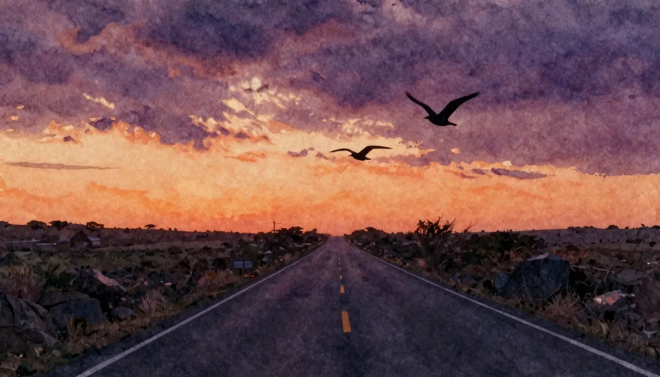 Watercolor style. A long winding road stretching into the ho...