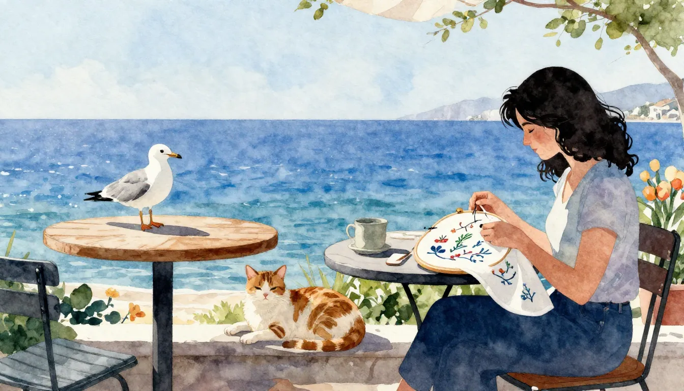 Watercolor style. Scenic coastal cafe terrace, silhouette of...