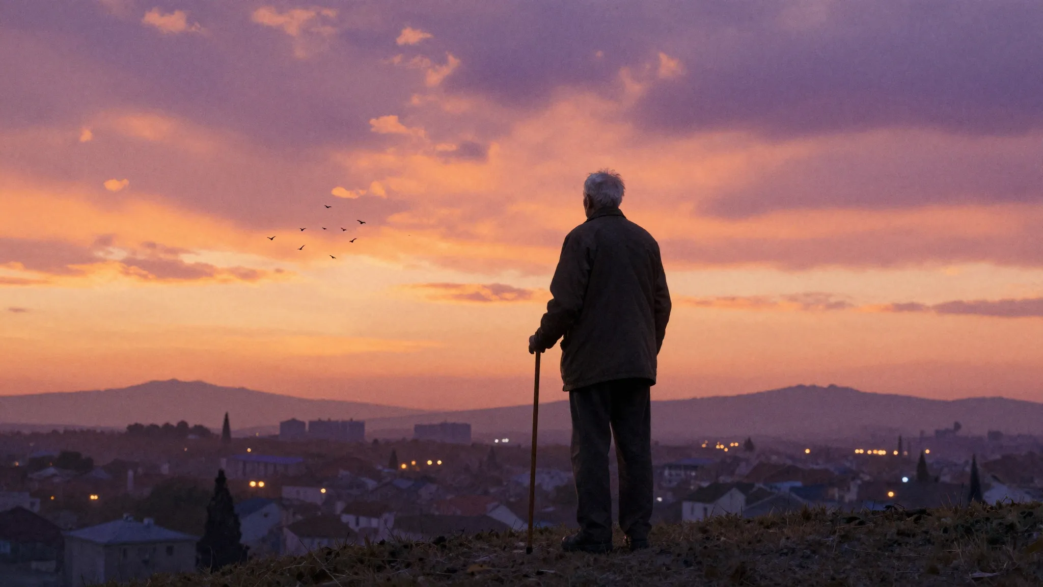 Watercolor style. A lonely silhouette of an old man with a c...