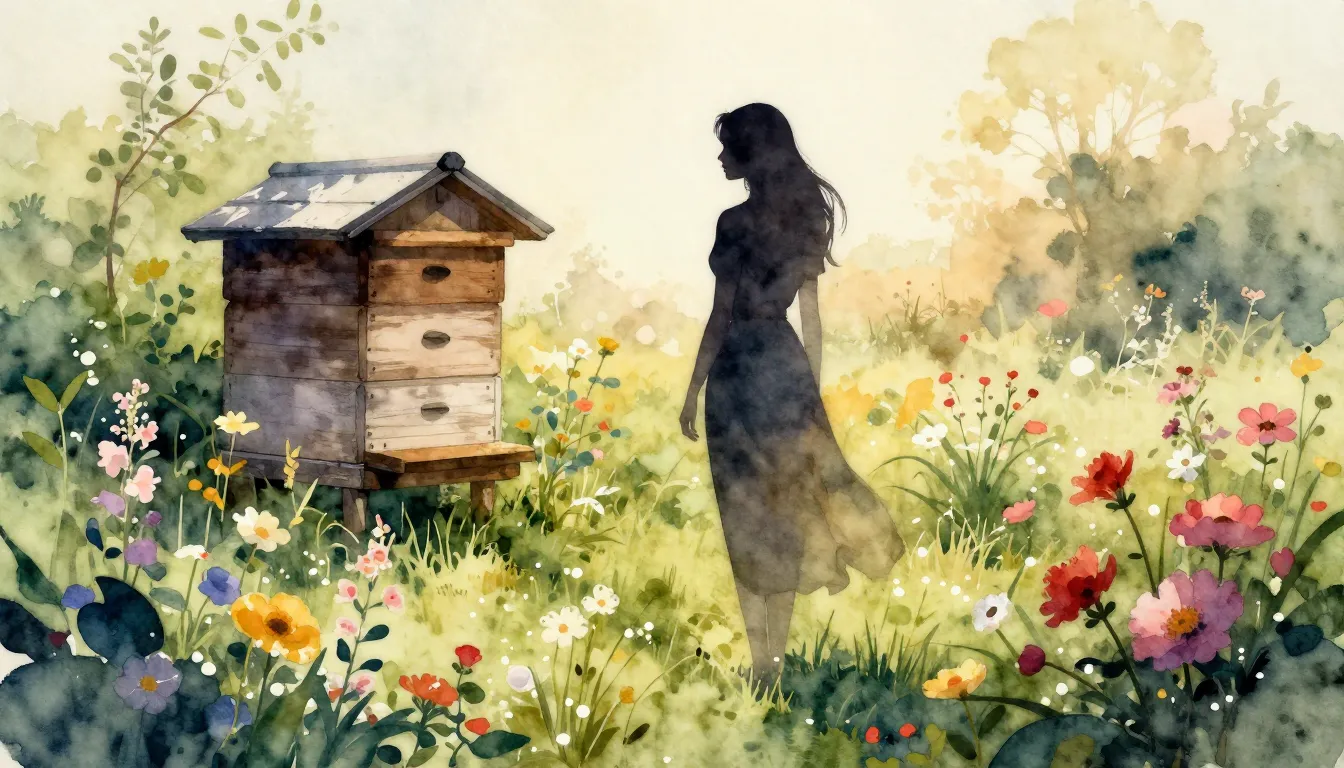 Watercolor style. A silhouette of a woman standing in a lush...