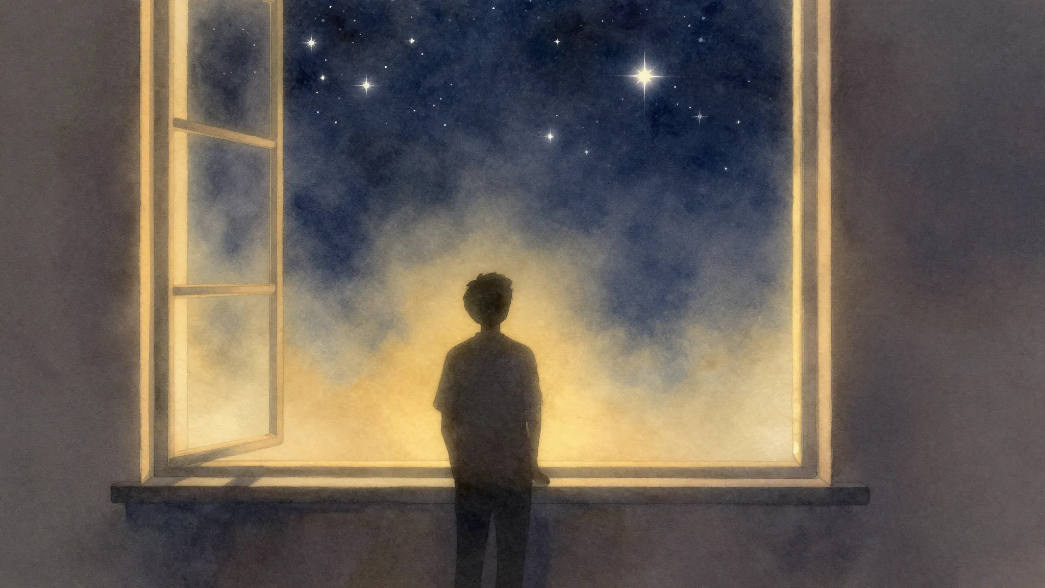 Watercolor style. A silhouette of a person standing by a lar...