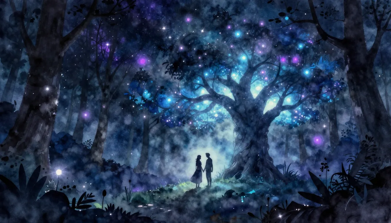 Watercolor style. A magical glowing forest at night, mystica...