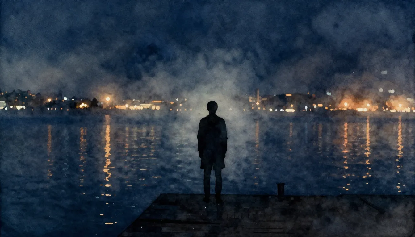 Watercolor style. A dark silhouette of a lonely person stand...