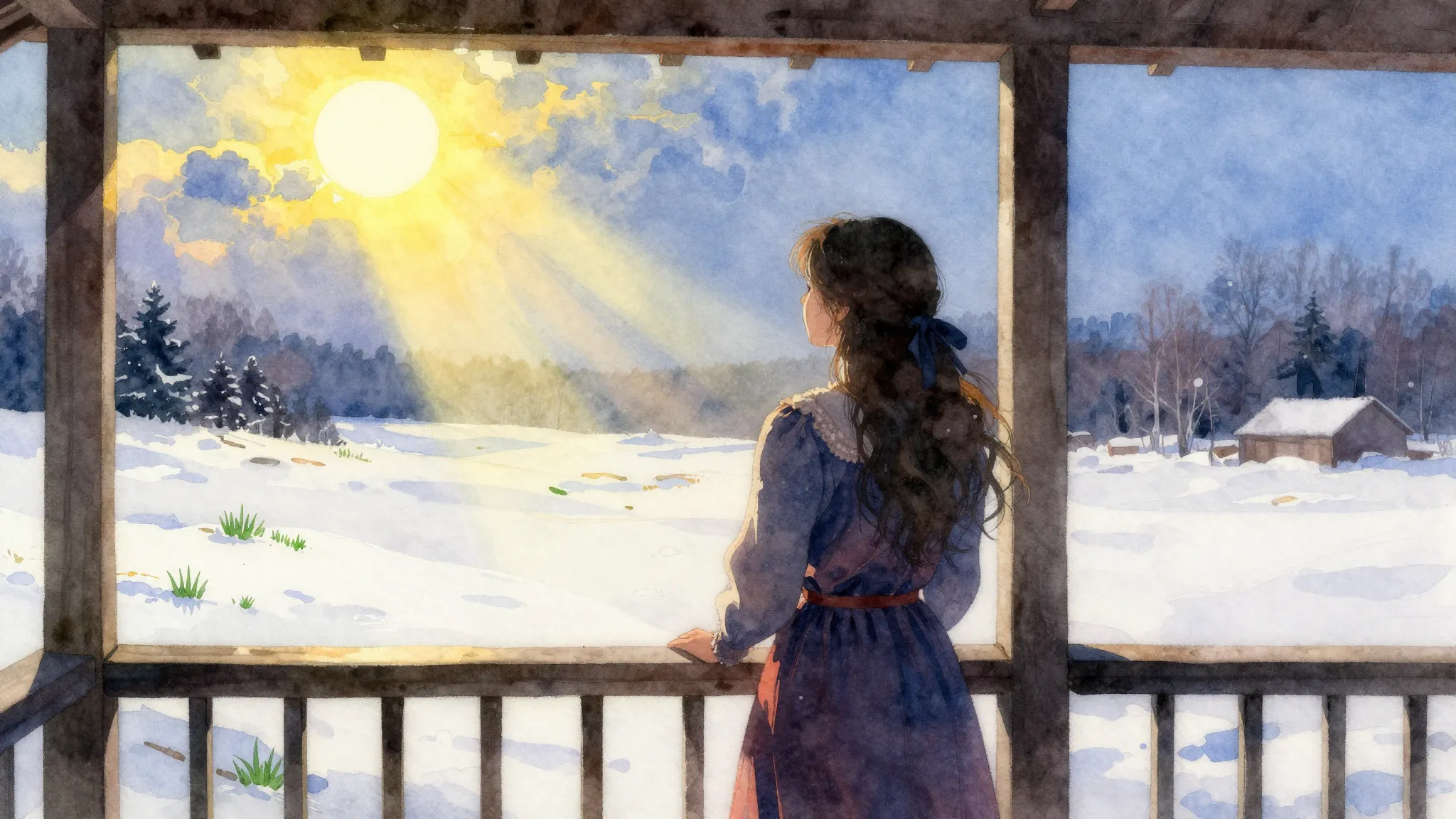 Vibrant watercolor style. Folk song cover: A young woman's s...