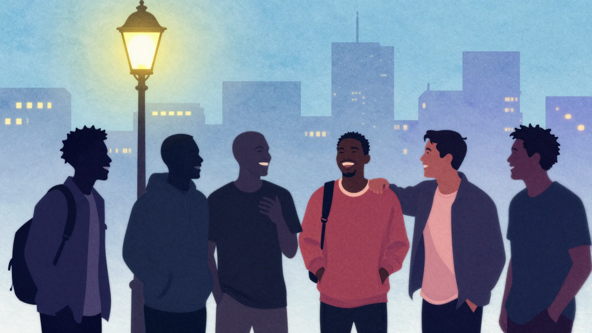 Watercolor style. Silhouette of a group of friends laughing ...