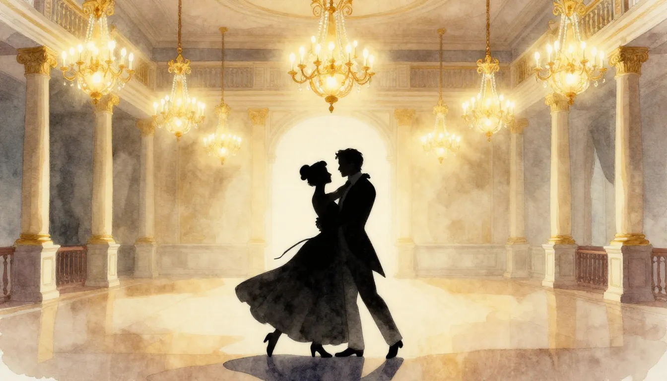 Watercolor style. Silhouette of a couple dancing in a grand ...