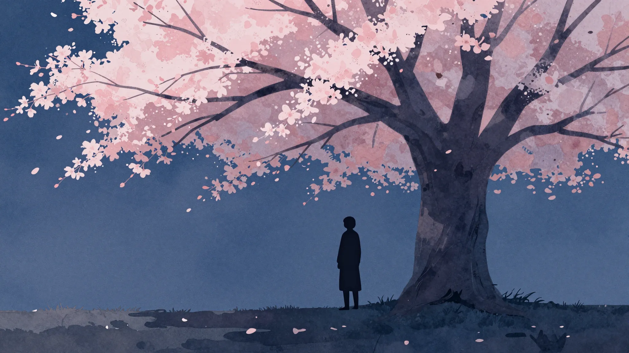 Watercolor style. Silhouette of a lonely figure standing und...