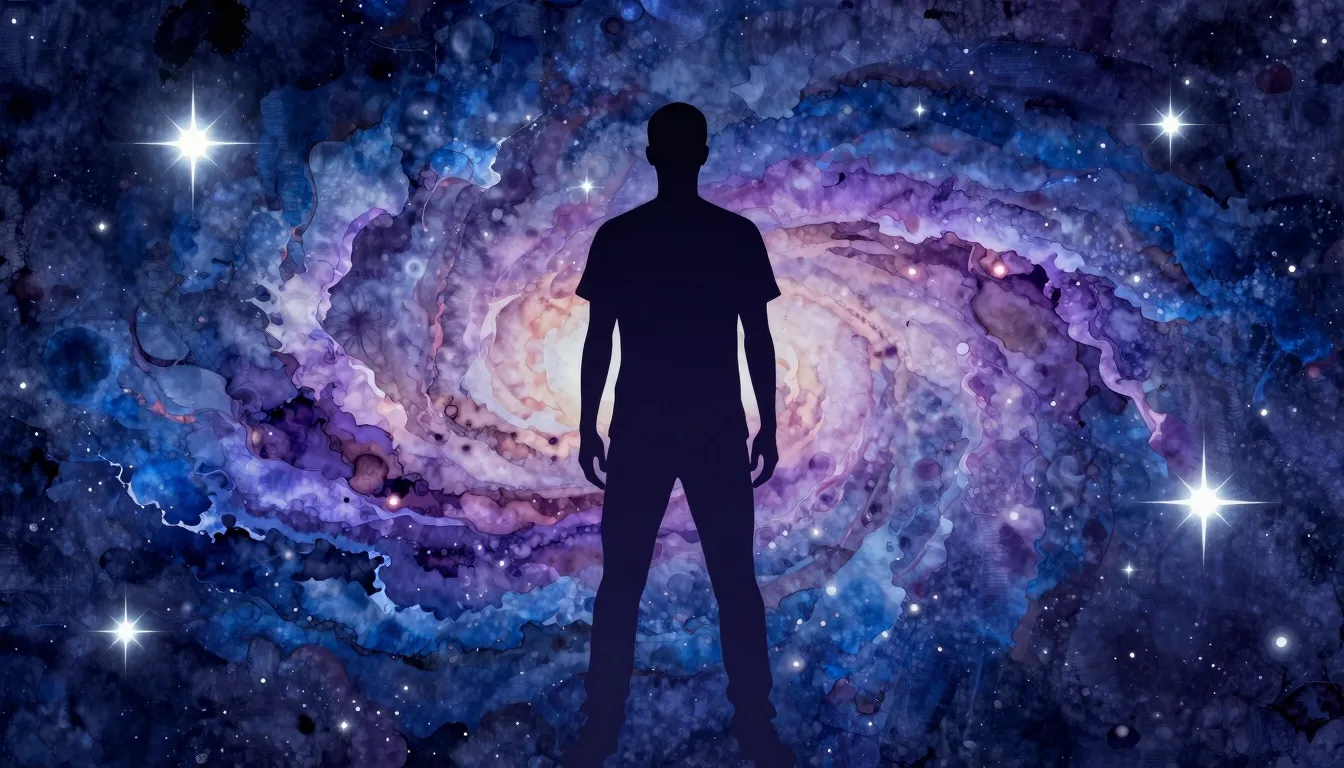 Watercolor style. A dark silhouette of a man standing agains...