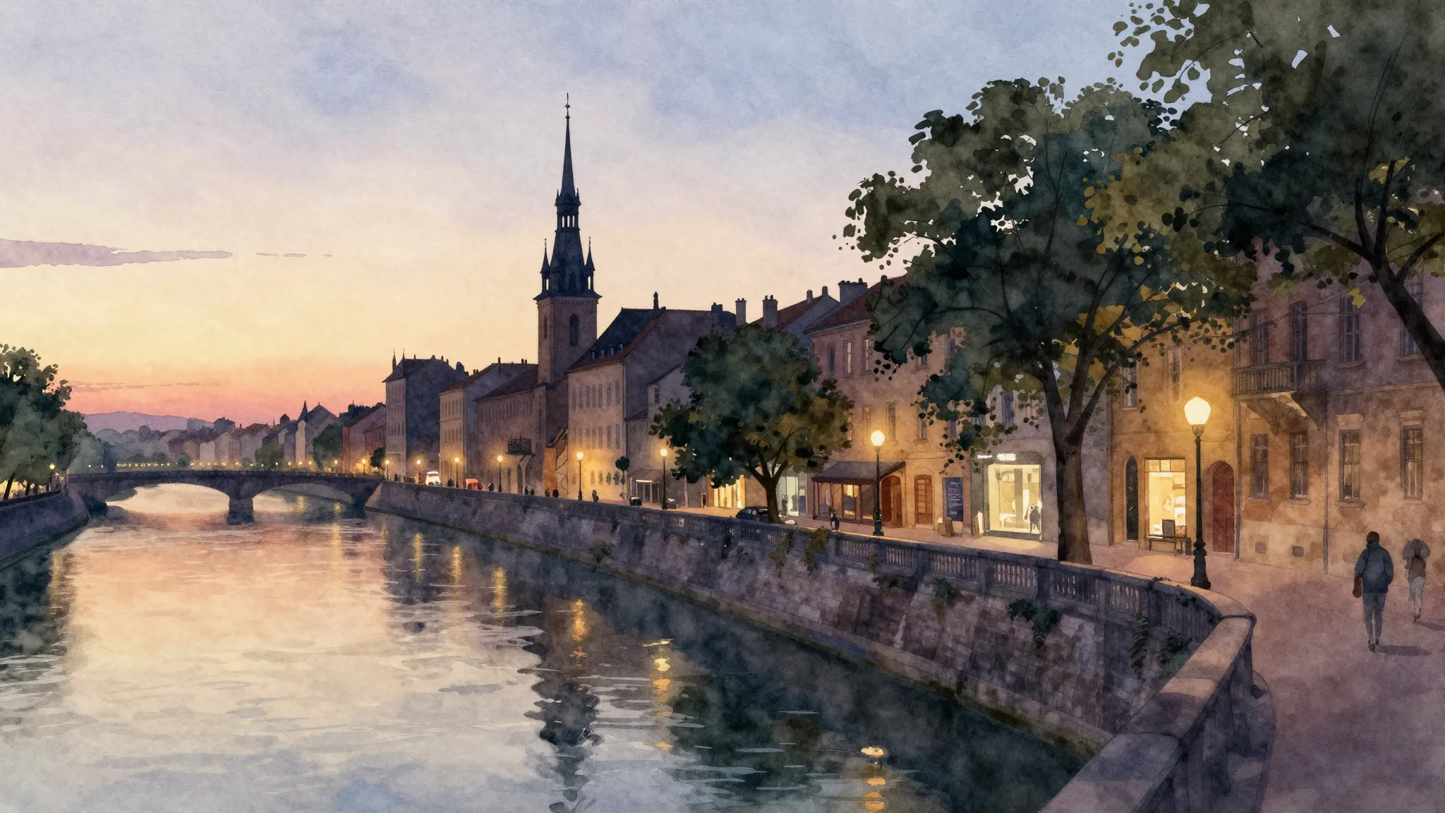 Watercolor style. A serene cityscape at twilight, featuring ...