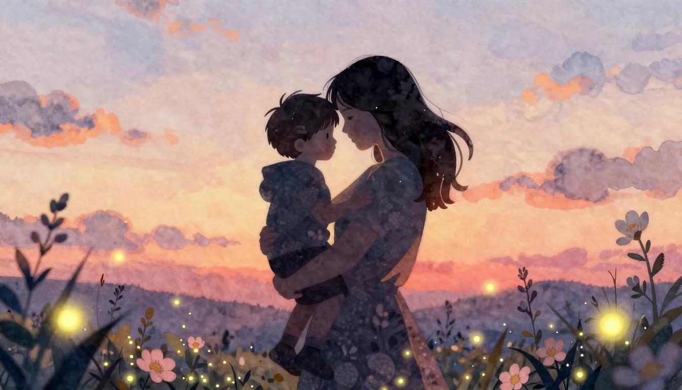 Watercolor style. Silhouettes of a mother and child hugging ...