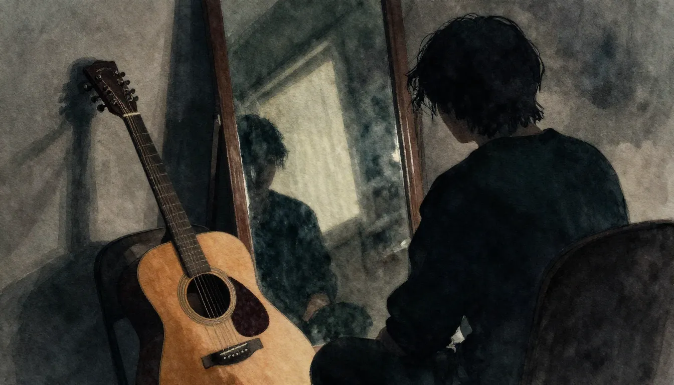 Watercolor style. A silhouette of a person looking into a mi...