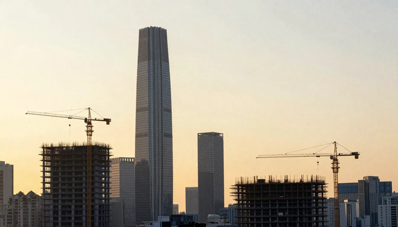 Watercolor style. Silhouette of a modern skyscraper construc...