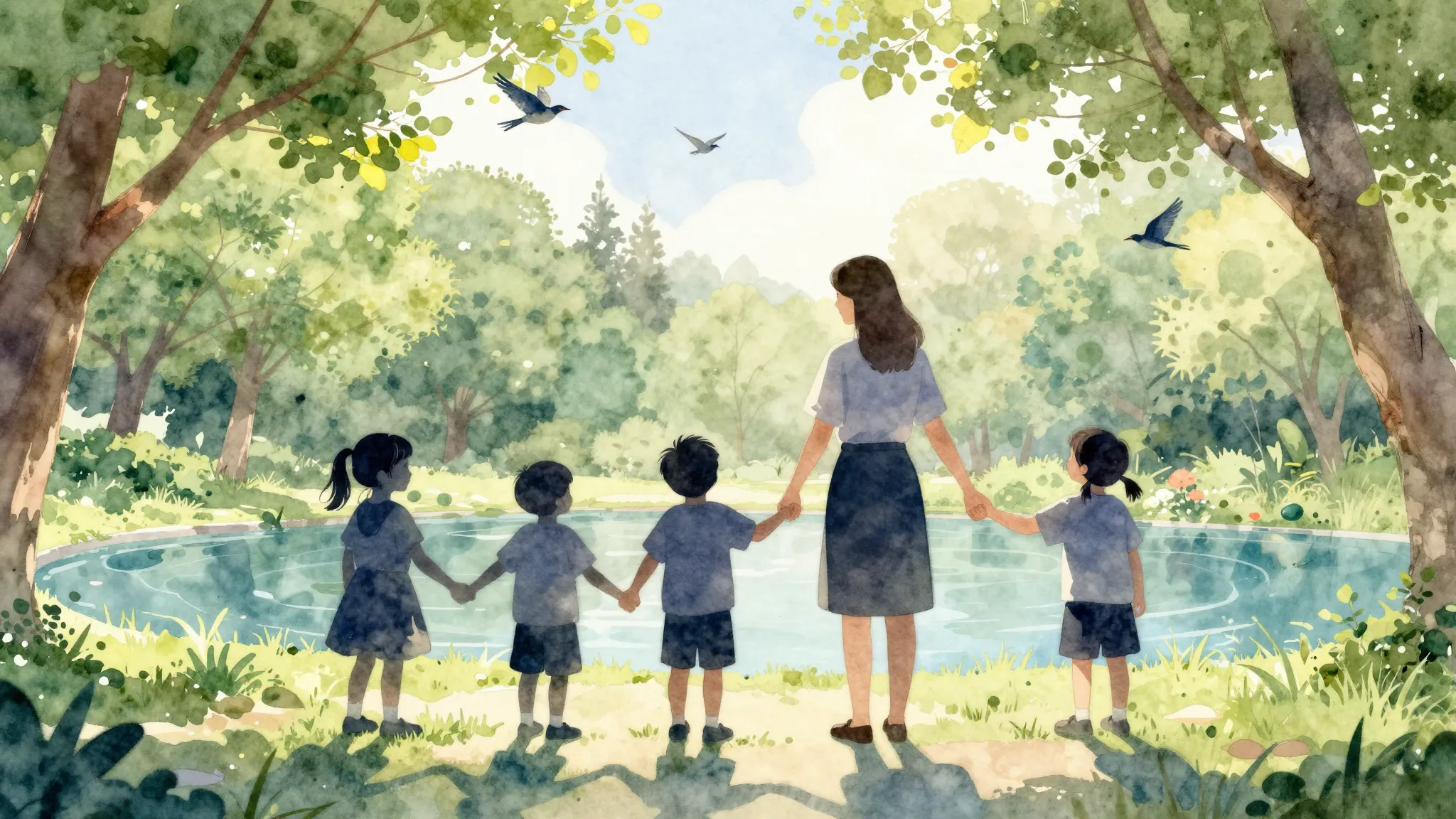 Watercolor style. Silhouettes of children and a teacher hold...