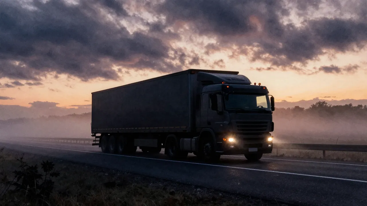 Watercolor style. Silhouette of a large truck on a misty hig...