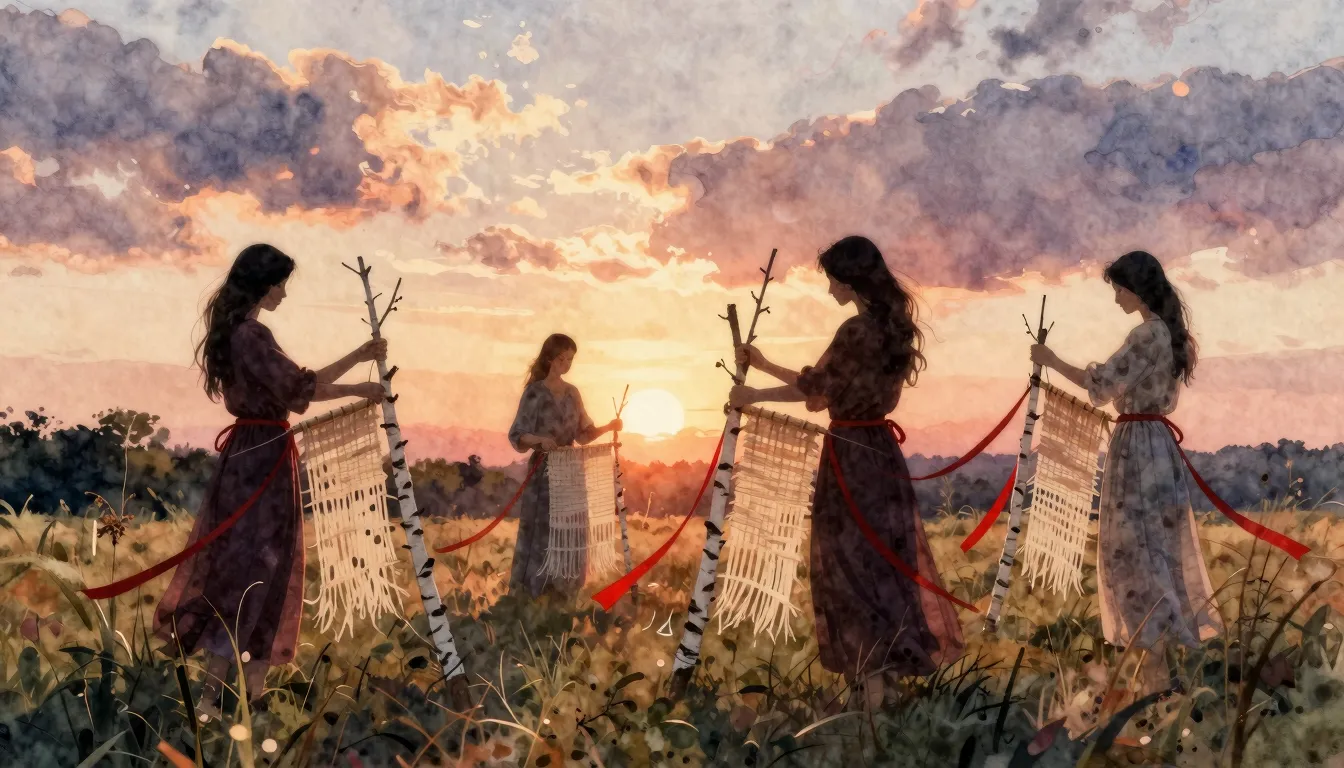 Watercolor style. Silhouette of women in a field weaving bir...