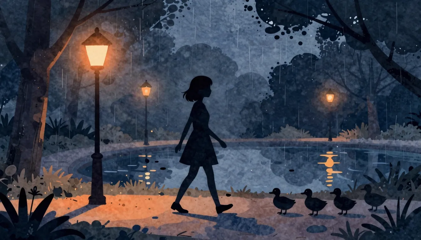 Watercolor style. A silhouette of a girl walking through a d...