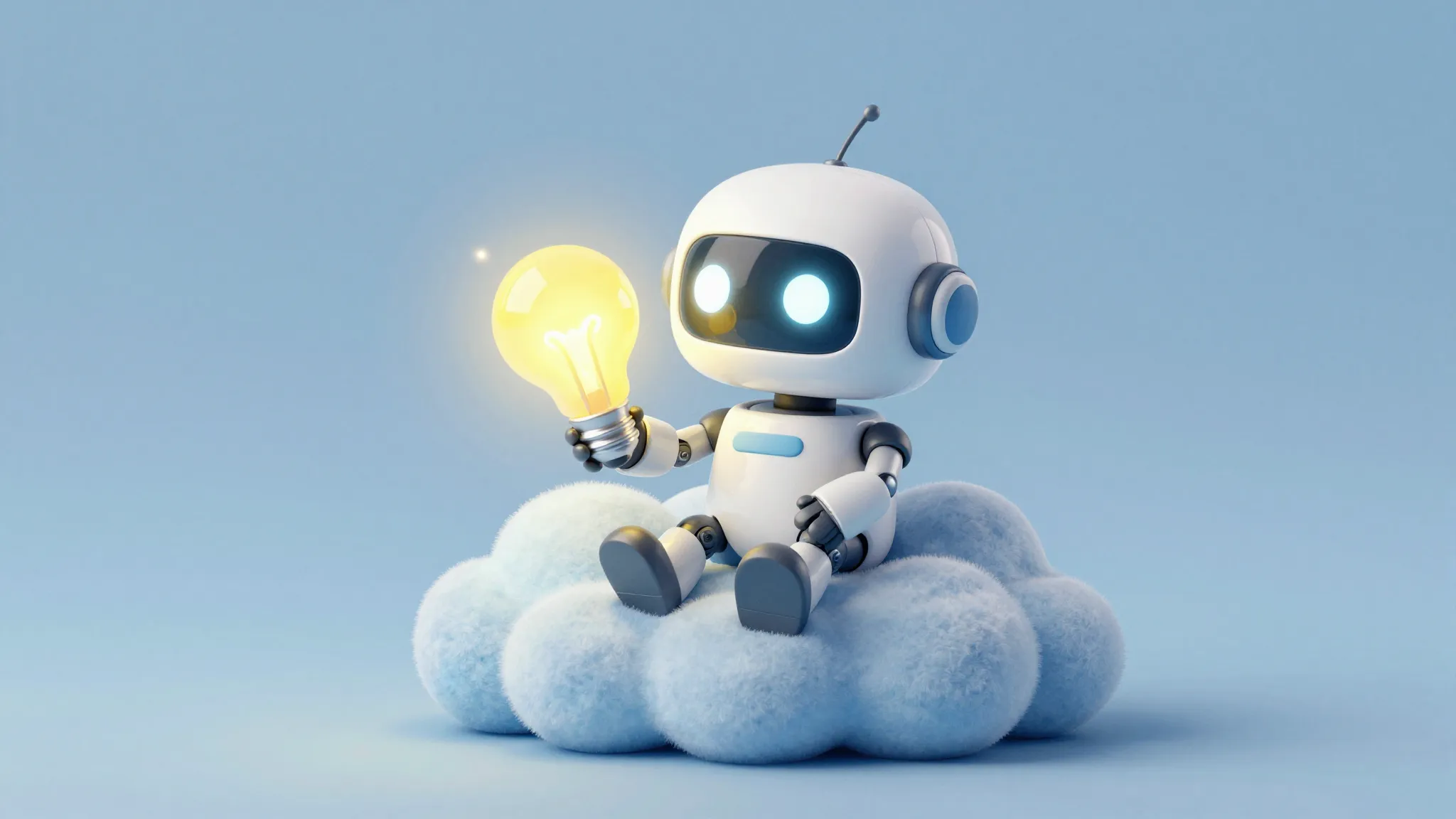 Watercolor style. A cute small robot sitting on a soft blue ...