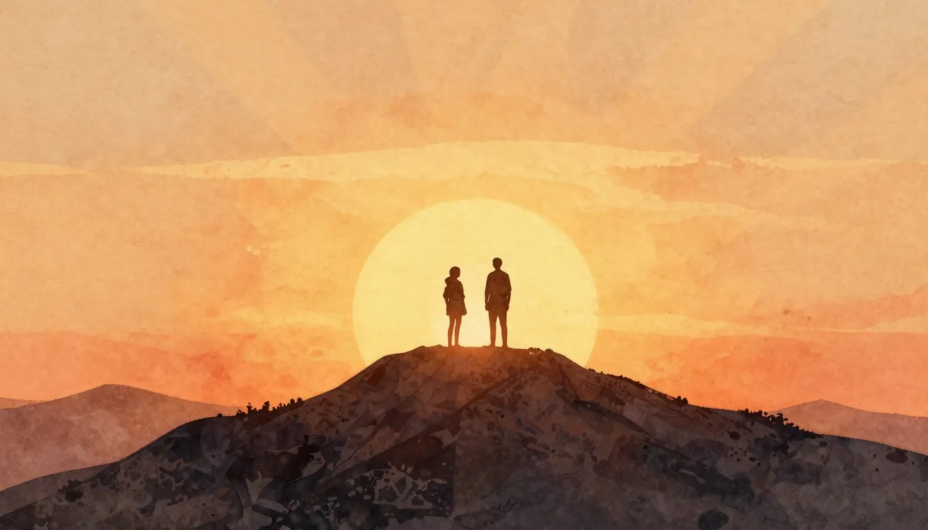 Watercolor style. A silhouette of two figures standing on a ...