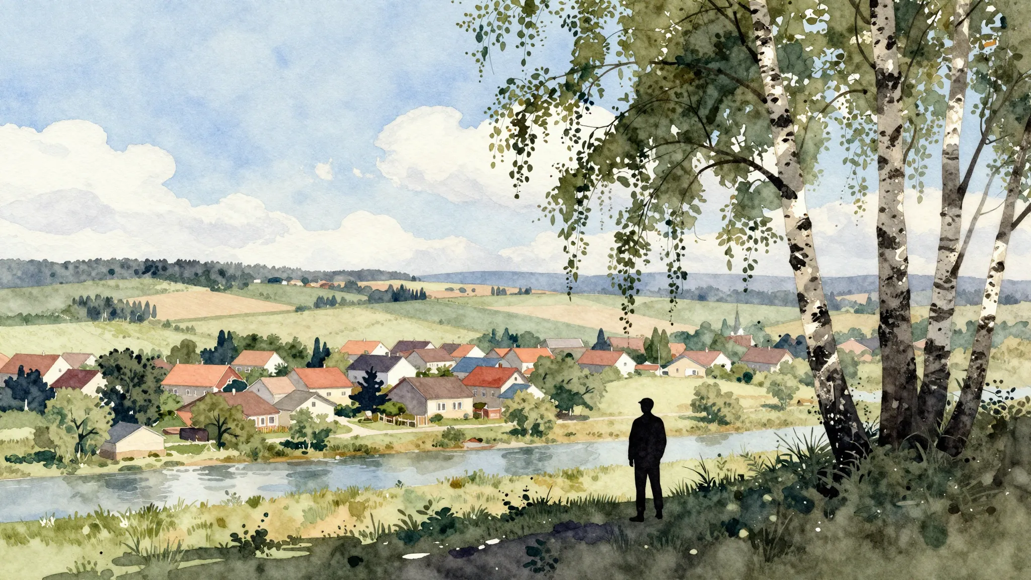 Watercolor style. A beautiful village landscape with distant...
