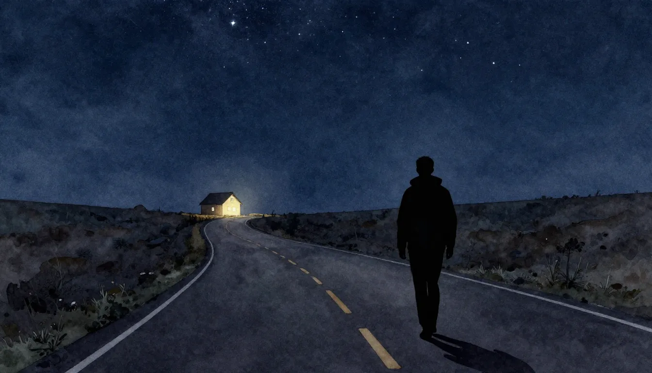 Watercolor style. A lonely silhouette of a traveler walking ...