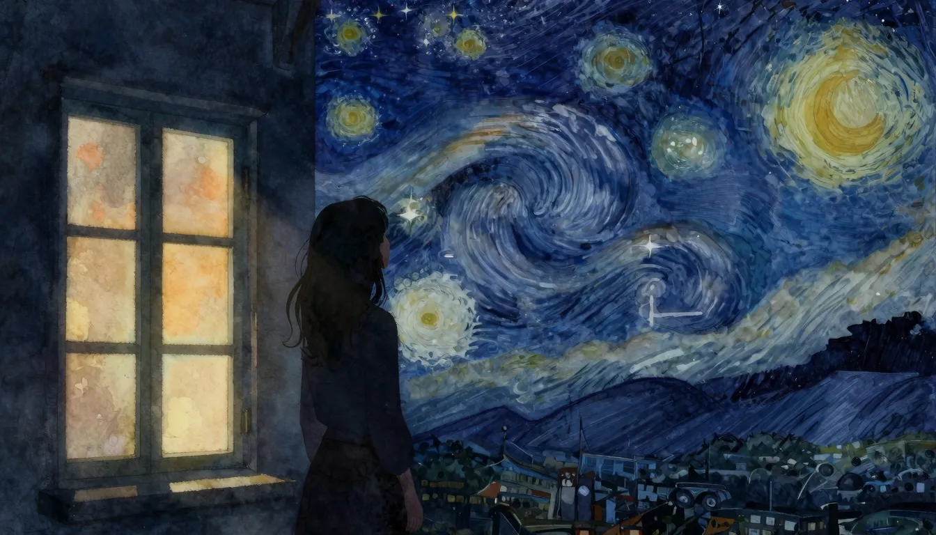 Watercolor style. Silhouette of a woman standing by a window...