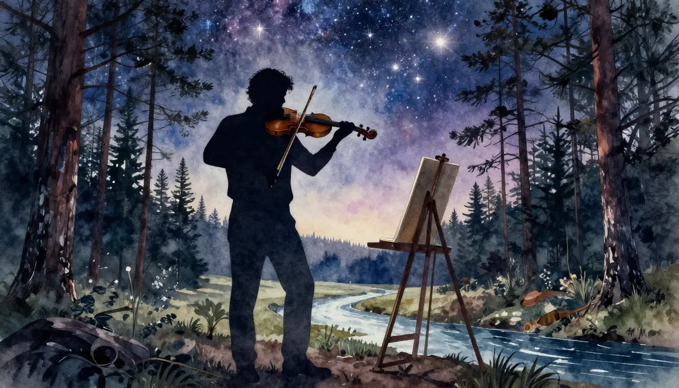 Watercolor style. A silhouette of a musician with a violin a...