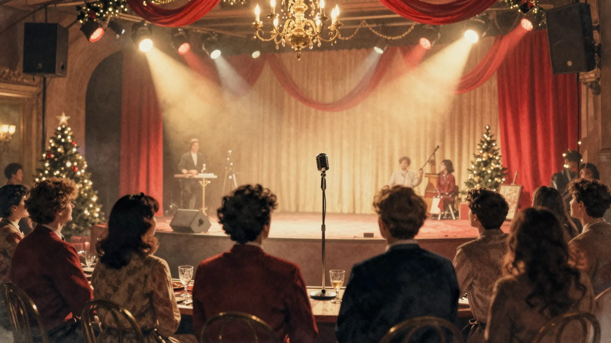 Watercolor style. Retro style festive hall, warm lighting, s...