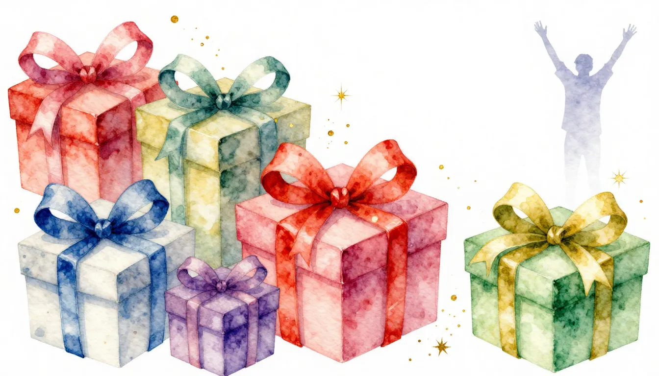 Watercolor style. A bright composition of gift boxes with si...