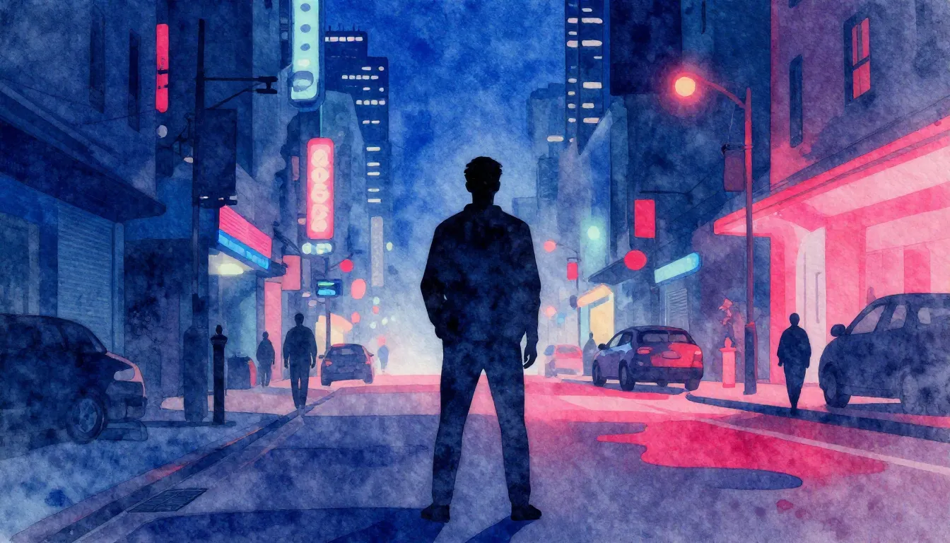 Watercolor style. Silhouette of a man standing in a neon-lit...