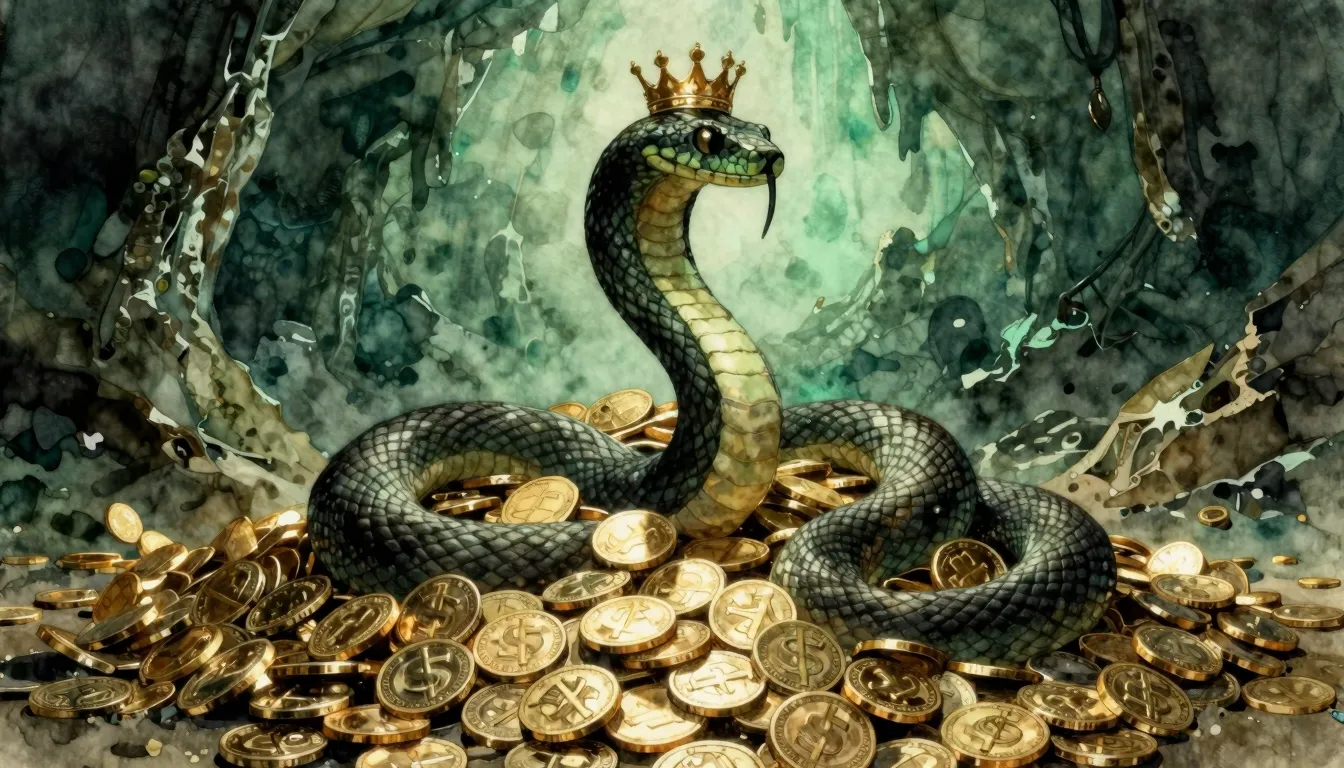 Watercolor style. A silhouette of a giant crowned serpent co...
