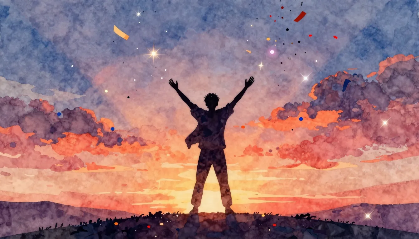 Watercolor style. A vibrant silhouette of a person standing ...