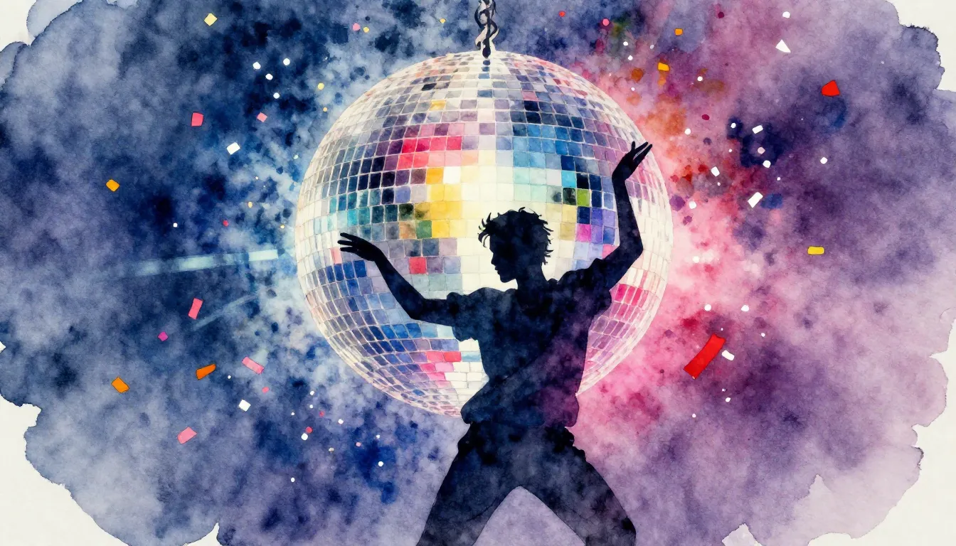 Watercolor style. Silhouette of a man dancing under a disco ...