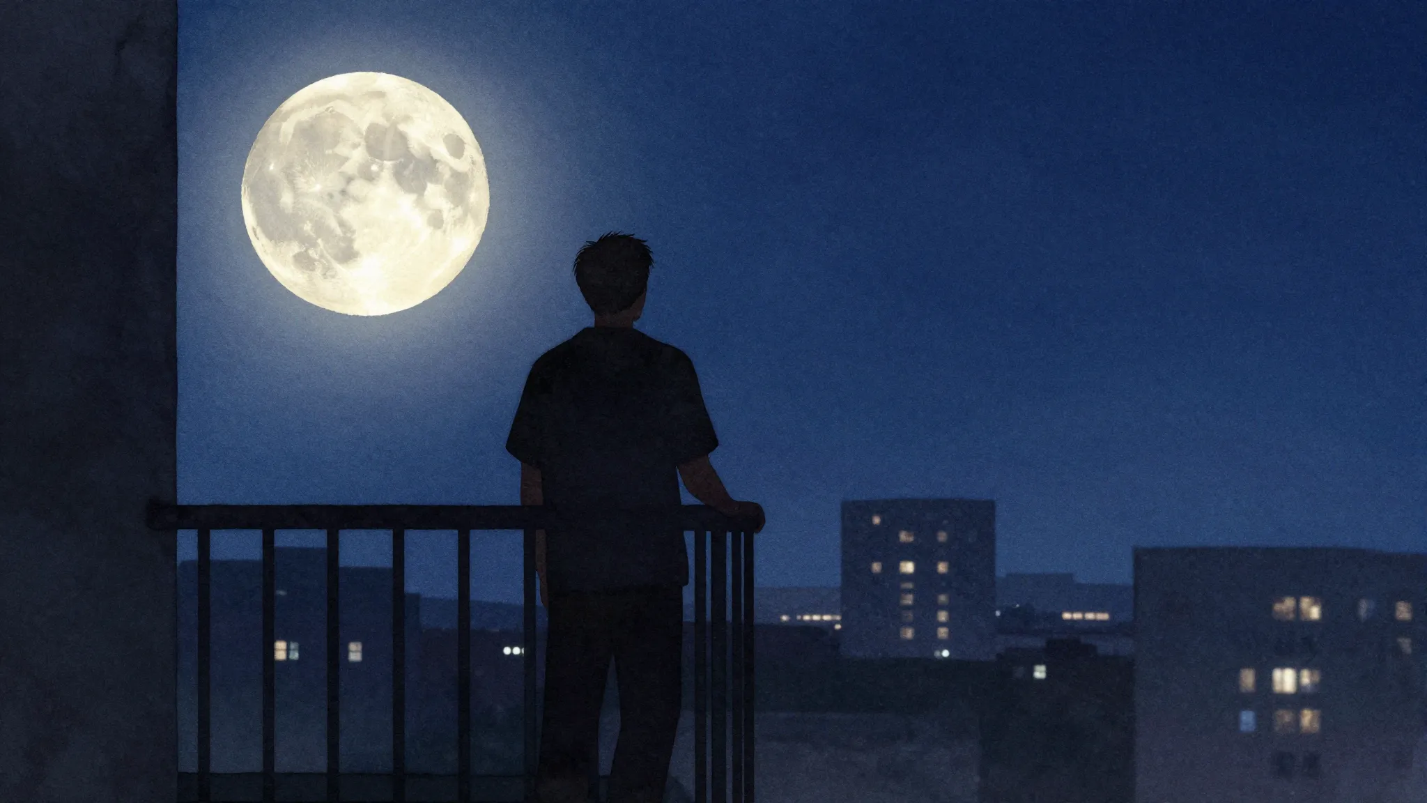 Watercolor style. Dark silhouette of a man on a balcony, gia...