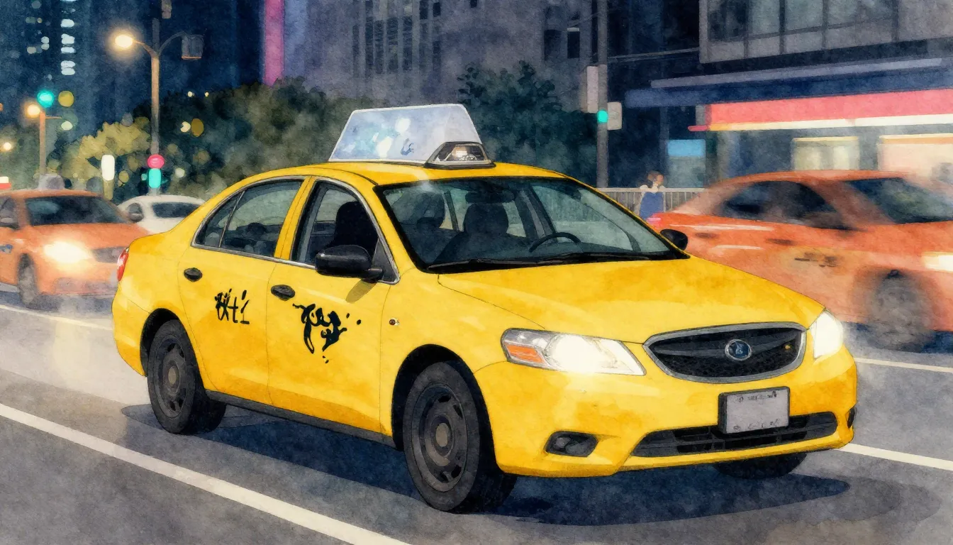 Watercolor style. A yellow taxi car driving fast through a n...