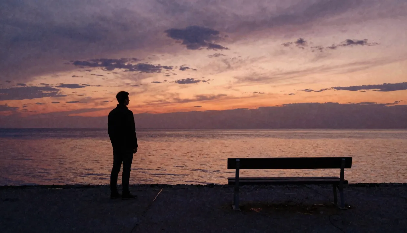 Watercolor style. A silhouette of a man stands on a deserted...