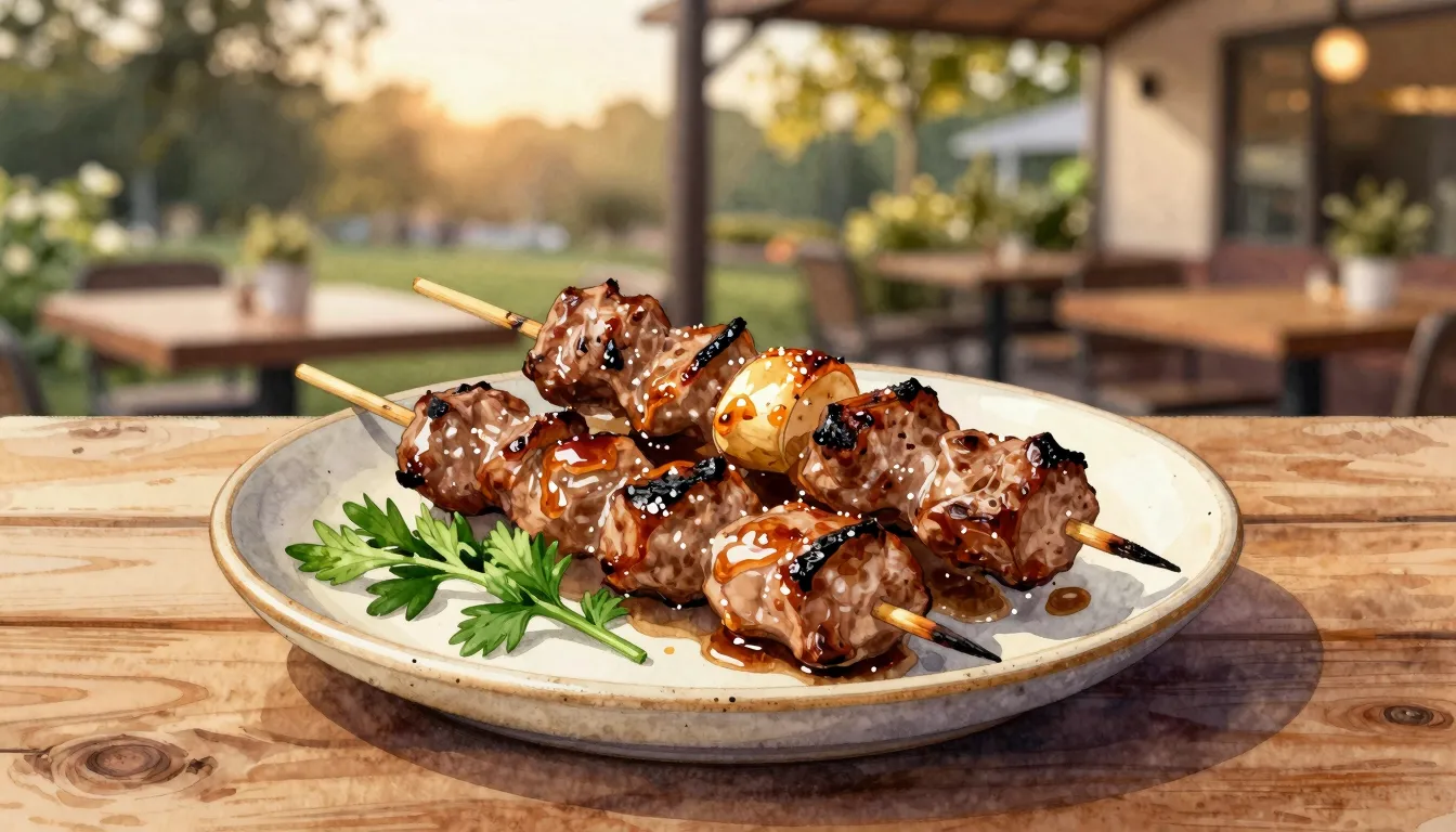 Watercolor style. Delicious grilled meat skewers on a cerami...
