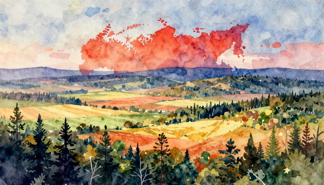 Vibrant watercolor style. A majestic, sweeping landscape of ...