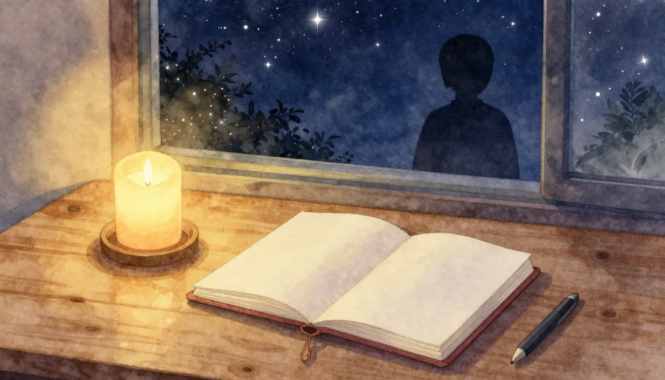 Watercolor style. A cozy wooden desk with a glowing candle, ...