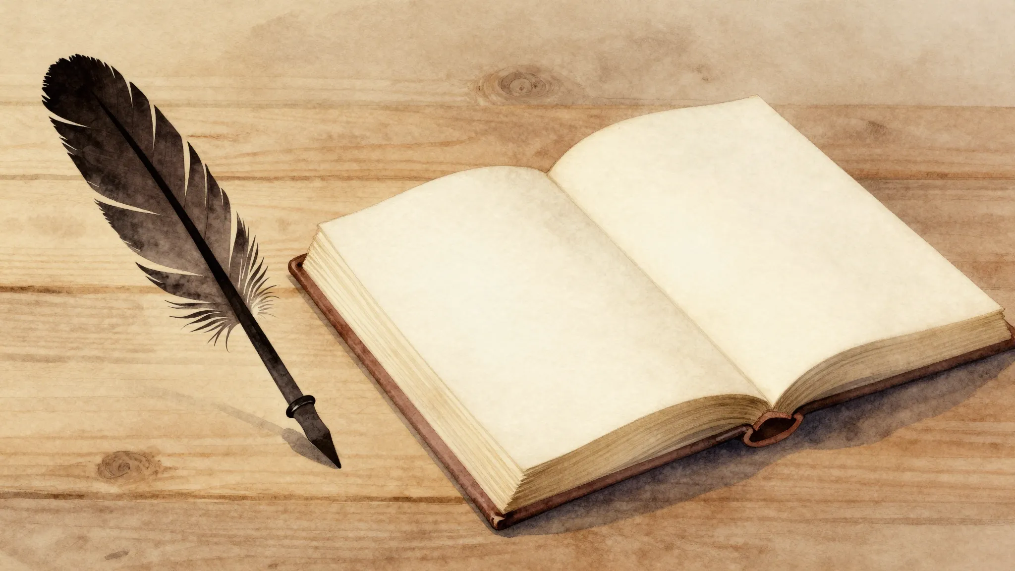 Watercolor style. Silhouette of a quill and an open book on ...