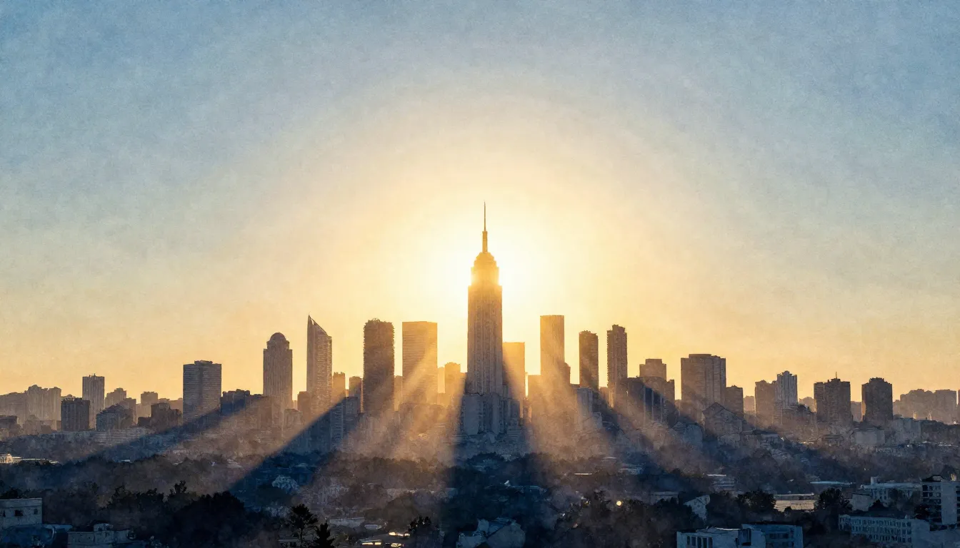 Watercolor style. A silhouette of a vast landscape with a ri...