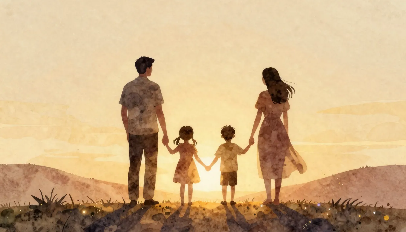 Watercolor style. Silhouette of a happy family of four stand...