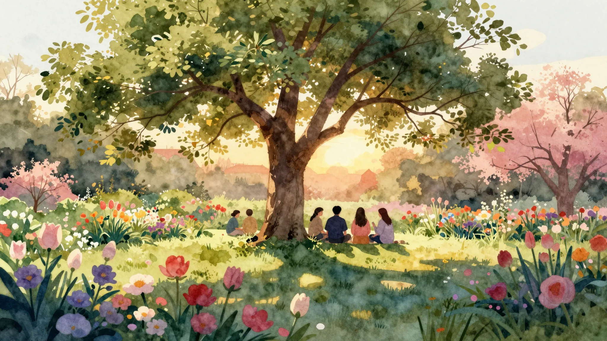 Watercolor style. A beautiful blooming garden with a large t...