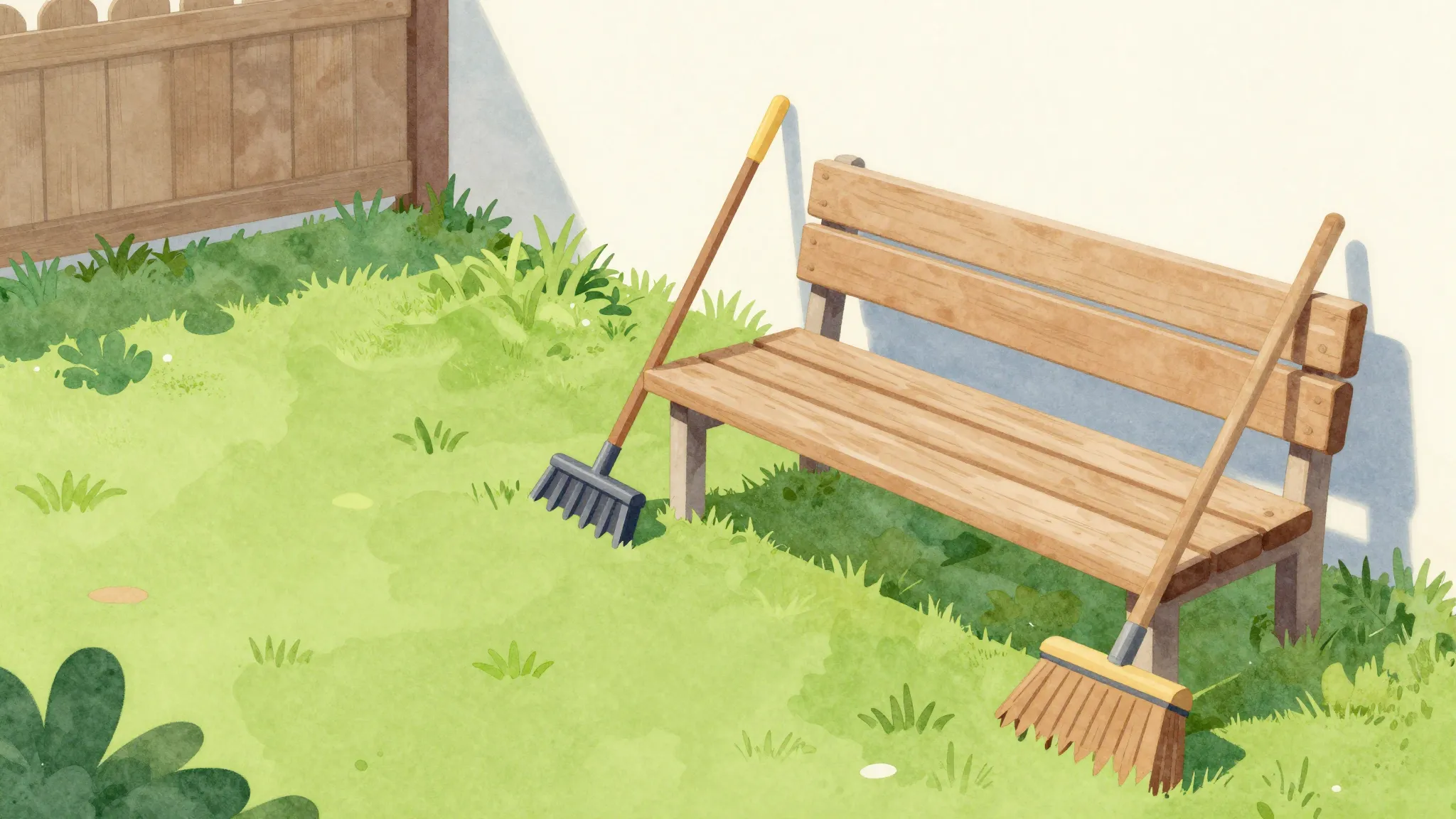 Watercolor style. A bright spring courtyard with green grass...