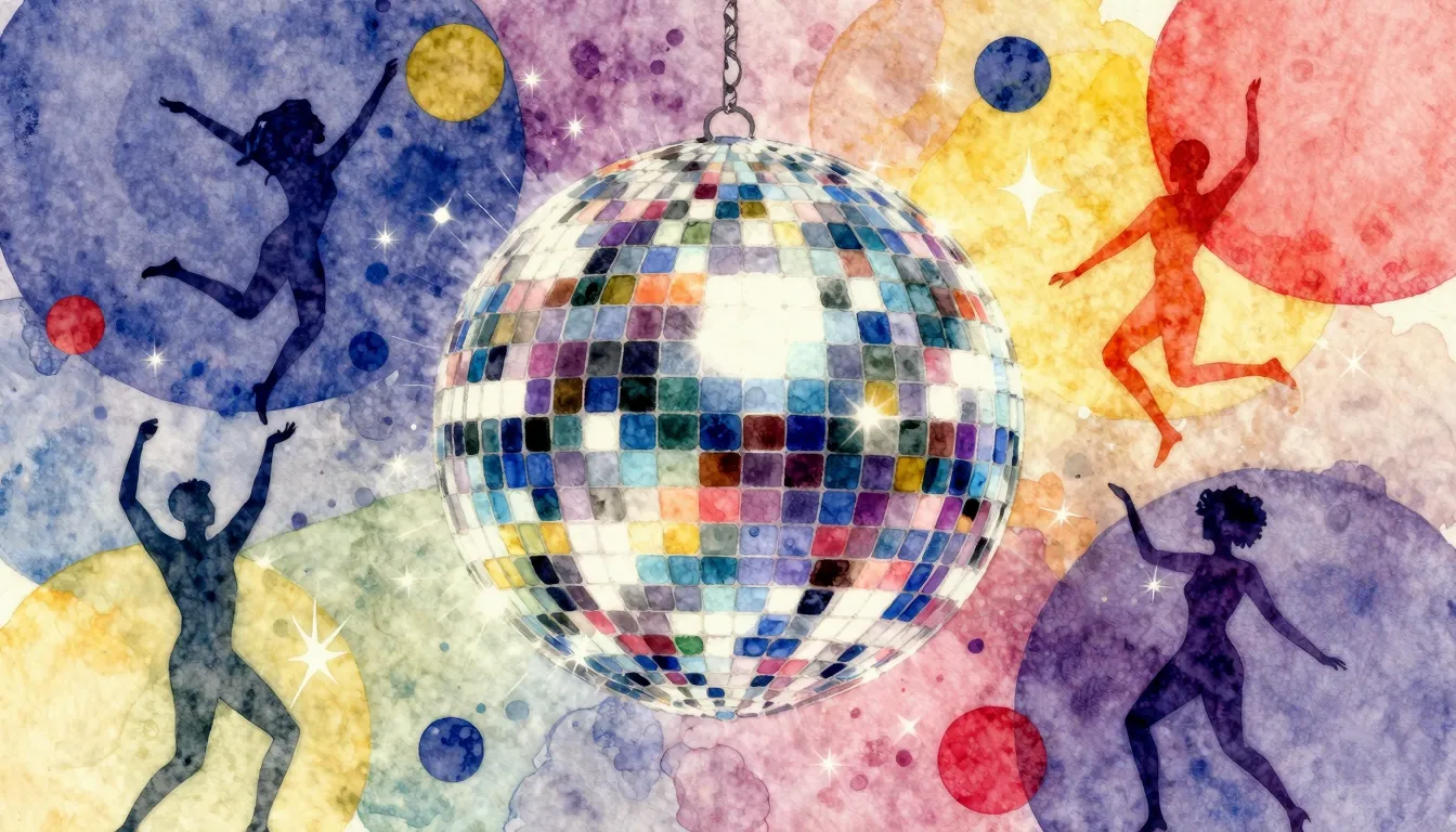 Vibrant watercolor style. Disco album cover, vibrant colors,...