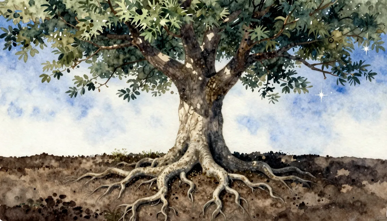 Watercolor style. A single, ancient tree with its roots delv...