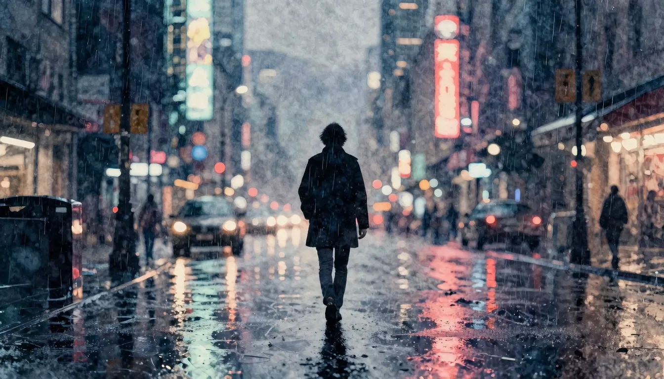 Watercolor style. A lonely silhouette of a person walking th...
